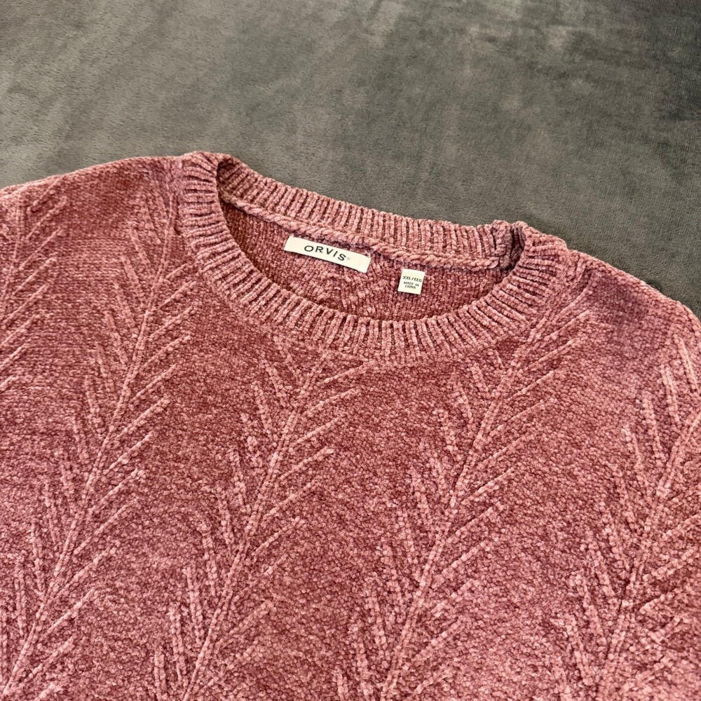 Orvis Chenille Pullover Sweater Womens XXL Mauve Chevron Knit Plush Relaxed